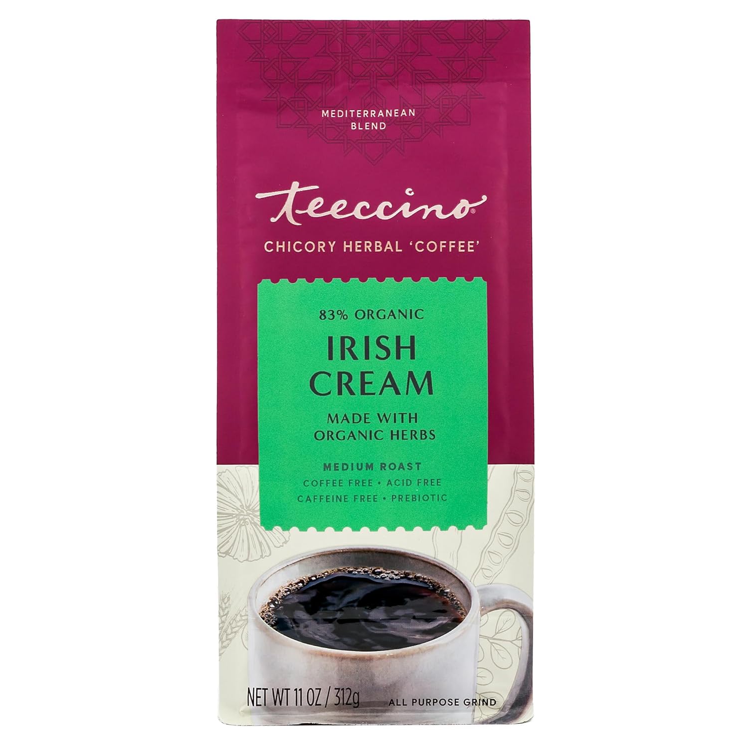 Teeccino Irish Cream Chicory Coffee Alternative - Ground Herbal Coffee That’S Prebiotic, Caffeine Free & Acid Free, Medium Roast, 11 Ounce