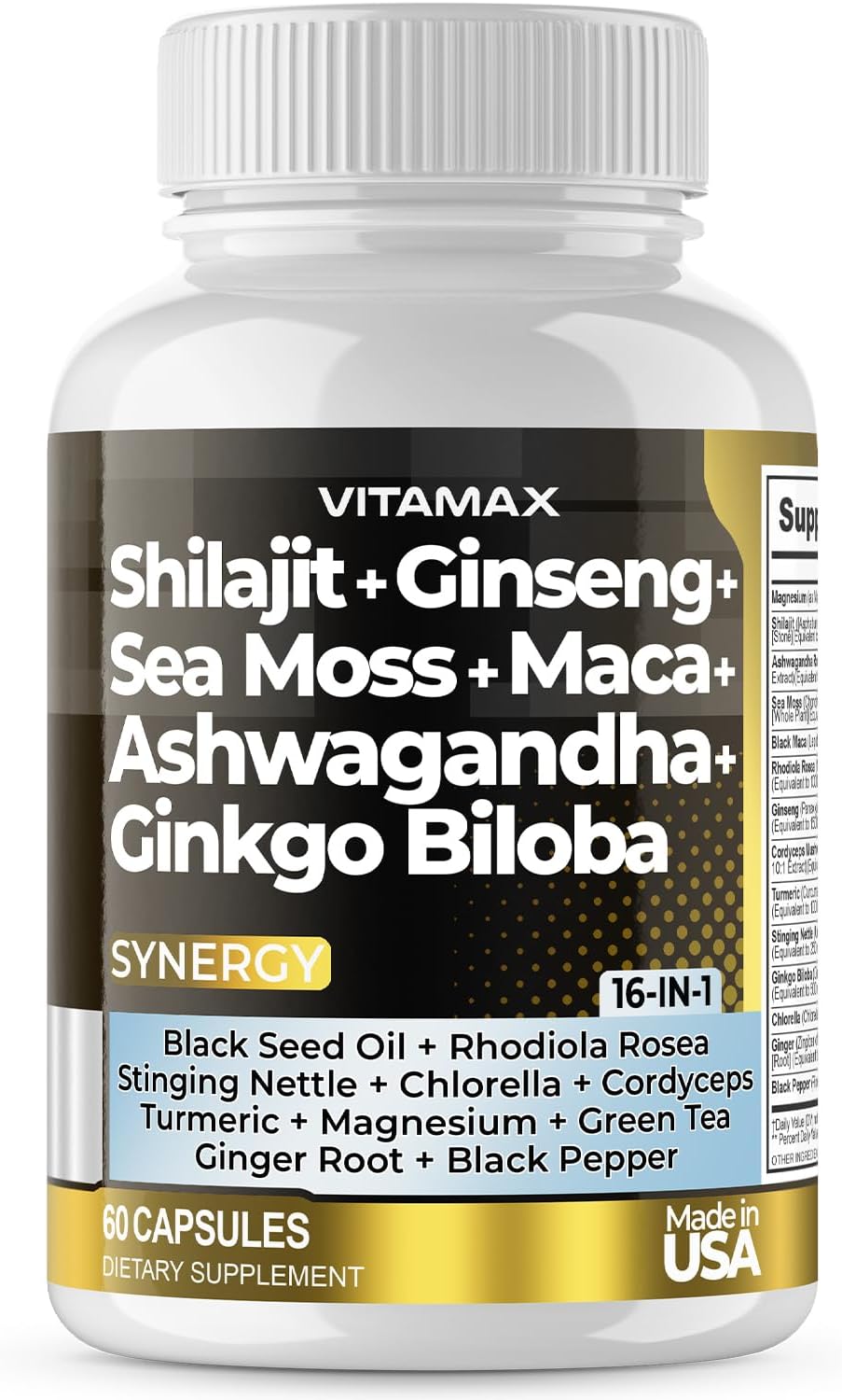 Pure Himalayan Shilajit Supplement 10,000Mg Ashwagandha 6,000Mg Sea Moss 2,000Mg Rhodiola Rosea 1000Mg Gingko Biloba 500Mg Trace Mineral Capsules - Men And Women – Made In Usa (60 Count (Pack Of 1))