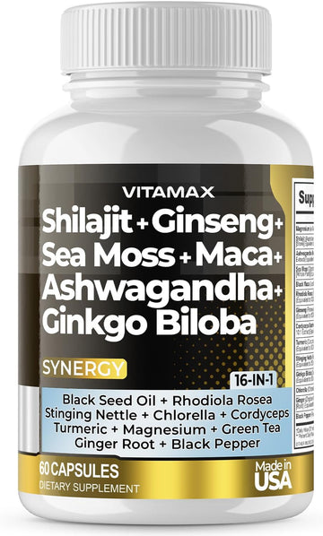 Pure Himalayan Shilajit Supplement 10,000Mg Ashwagandha 6,000Mg Sea Moss 2,000Mg Rhodiola Rosea 1000Mg Gingko Biloba 500Mg Trace Mineral Capsules - Men And Women – Made In Usa (60 Count (Pack Of 1))