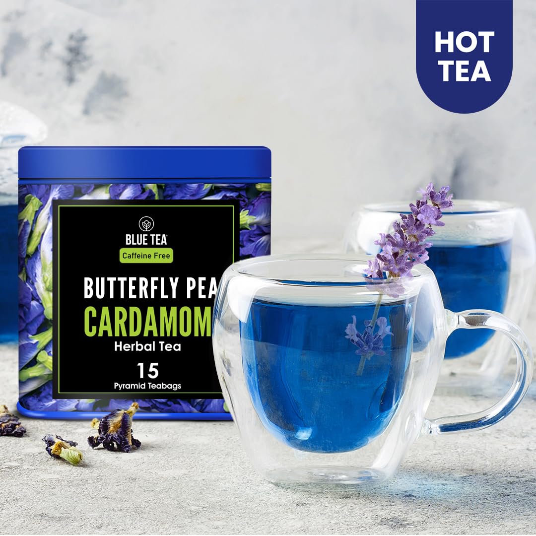 Blue Tea - Butterfly Pea Flower Cardamom Herbal Tea - 15 Pyramid Tea Bags | Fathers Day Gift | | Detox Tea| Natural Food Coloring, Iced Tea, Cocktails, Mocktails - Caffeine Free - Premium Tin Pack