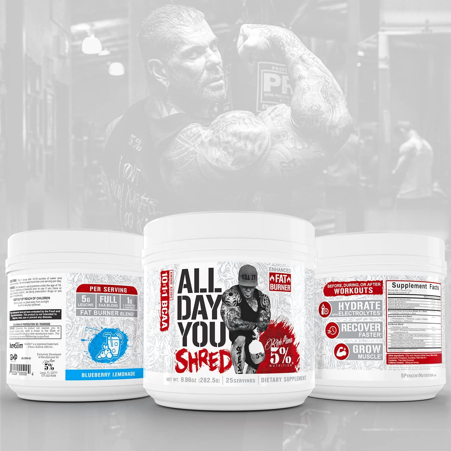 5% Nutrition Rich Piana AllDayYou Shred BCAA Powder | Amino Acid Supplement for Weight Loss | Elite Fat Burning Pre Workout for Energy, Hydration, Endurance & Recovery (Blueberry Lemonade) : Health & Household