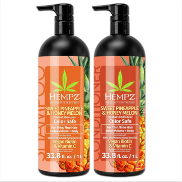 Hempz Hair Shampoo & Conditioner Set - Sweet Pineapple & Honey Melon Scent For Thin/Fine Dry, Damaged And Color Treated Hair, Hydrating, Softening, Moisturizing With Biotin Duo Set - 33.8 Fl Oz