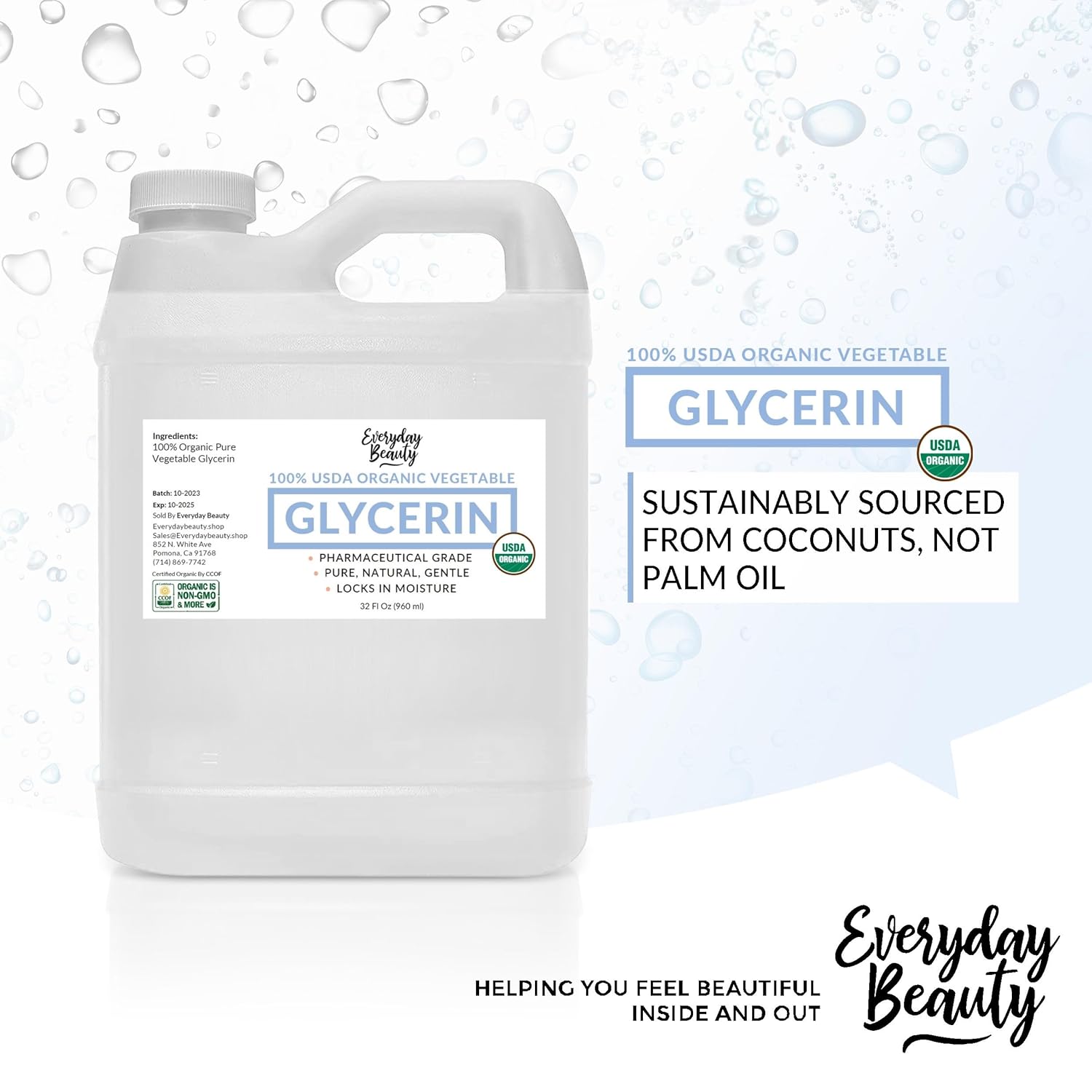 100% Organic Glycerin – Usda Certified - Perfect For Diy Beauty Products, Crafts, And Formulations – Derived From Coconut – Skin And Hair Moisturizer For Deep Hydration – 32 Fl Oz – By Everyday Beauty : Beauty & Personal Care