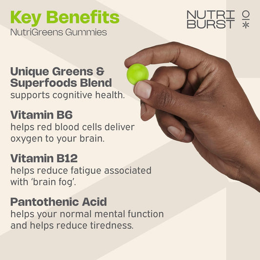 Nutriburst - Nutrigreens - 22 Fruits + Vegetables + Herbs + Mushrooms + Live Bacteria Cultures - Boosted With Vitamins: Zinc, Vit C, D3, B5, B6, B12-60 Gummies 1 Month Supply - Suitable For Vegans