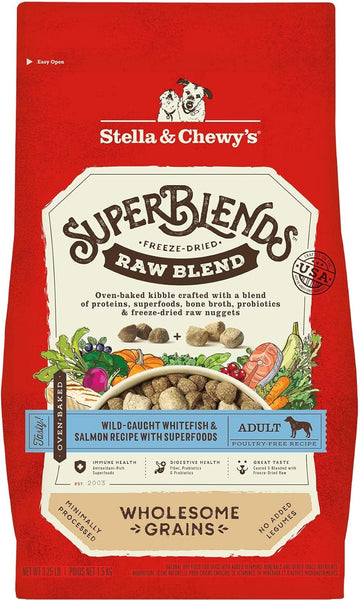 Stella & Chewy'S Superblends Raw Blend Wholesome Grains Wild-Caught Whitefish & Salmon Recipe With Superfoods, 3.25 Lb. Bag