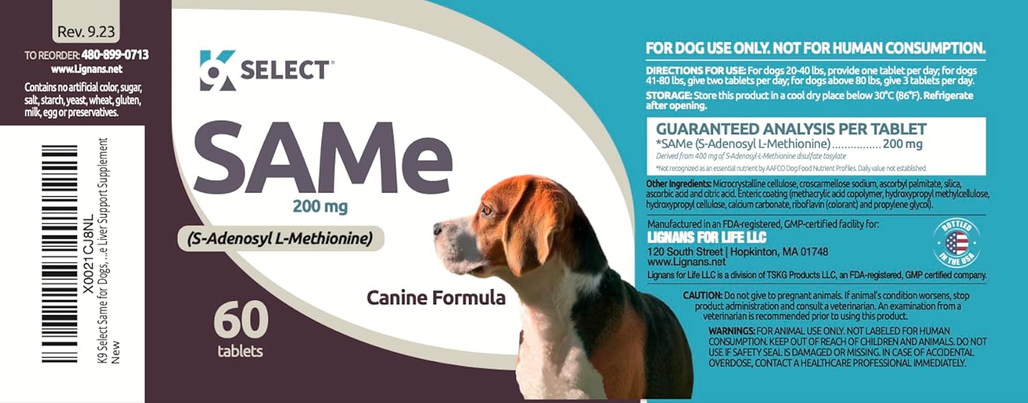 K9 Select SAM-e for Medium and Large Adult Dogs, 60 Tablets, 200mg Active S-Adenosyl L- Methionine, Cognitive and Liver Support Supplement for Dogs, Nutritional Support for Revitalisation : Pet Supplies