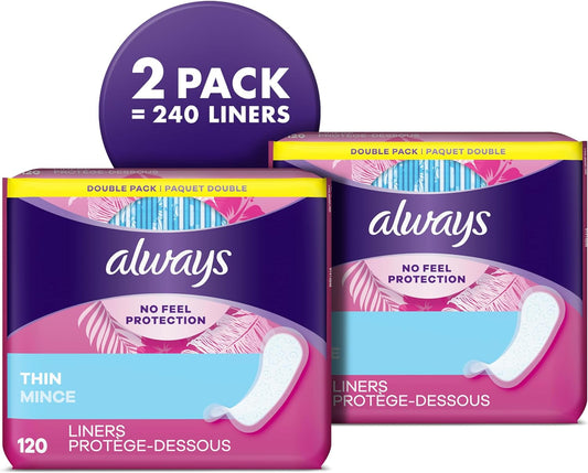 Always Thin Daily Liners, Regular Absorbency, Unscented, Wrapped, 120 Count - Pack of 2 (240 Count Total) (Packaging May Vary)