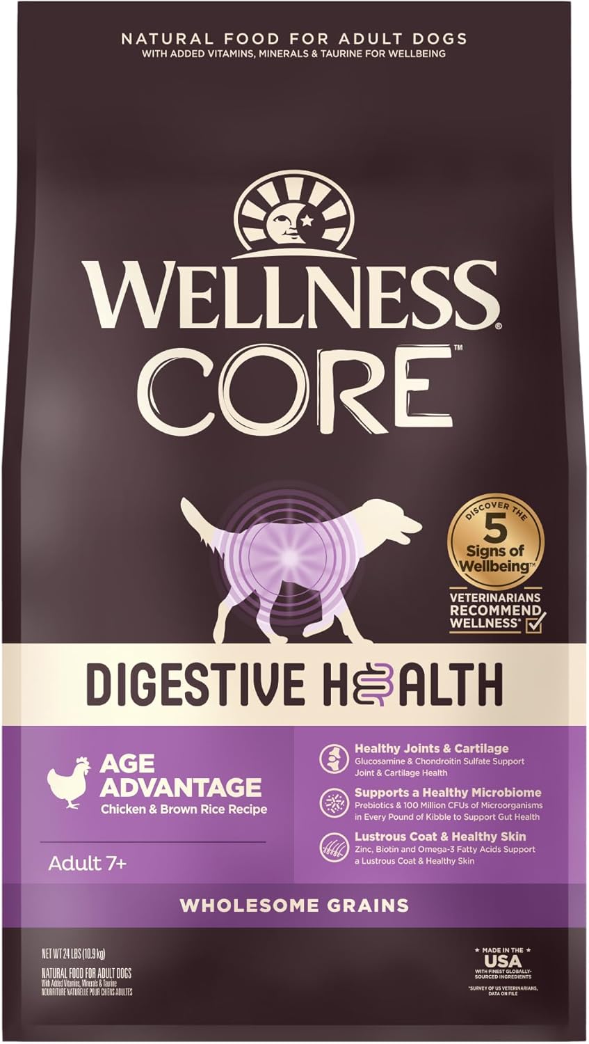 Wellness Core Digestive Health Dry Senior Food With Wholesome Grains, Advanced Age For Dogs Over 7-Years Old, For Dogs With Sensitive Stomachs, Made In Usa With Real Chicken (Senior, 24-Pound Bag)