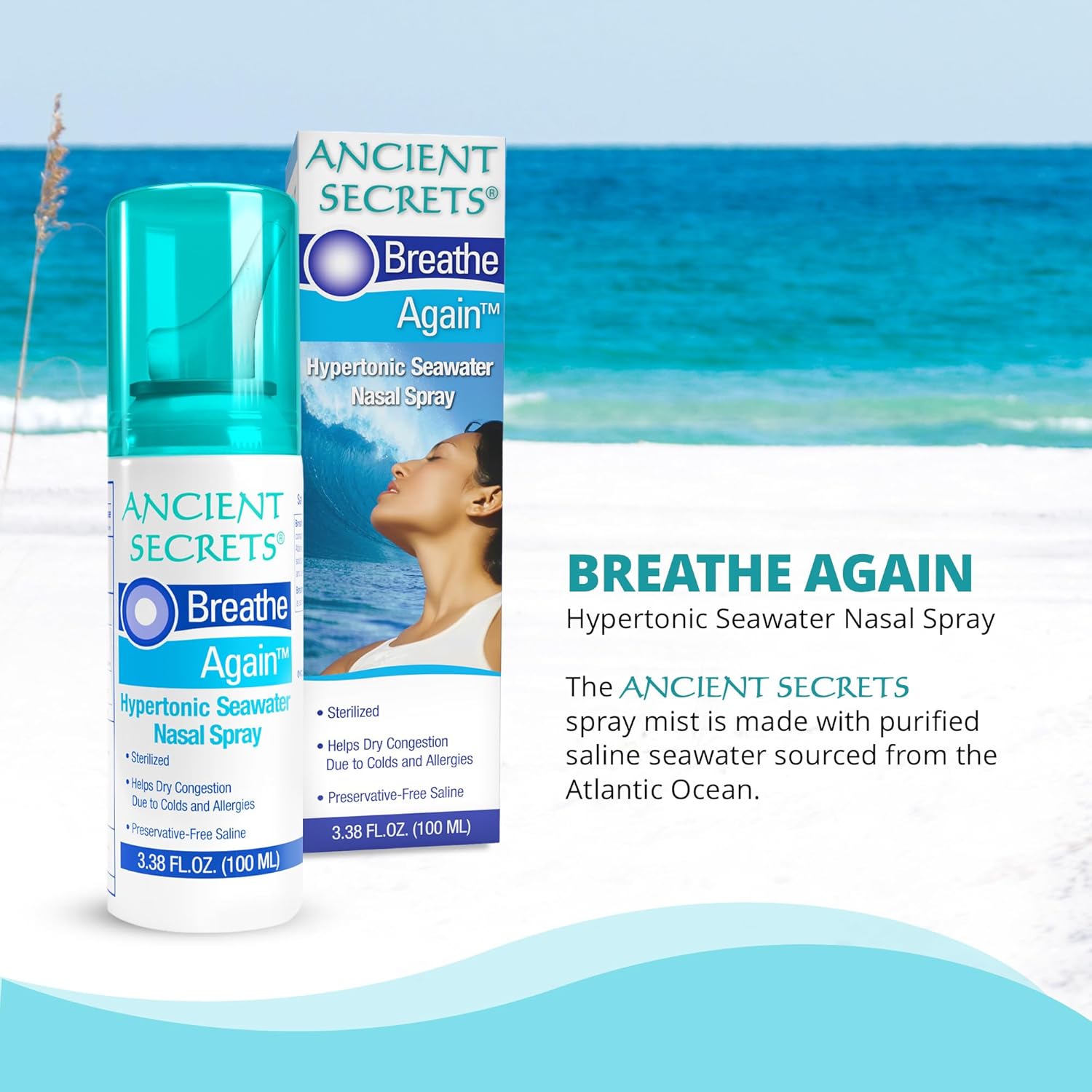 Ancient Secrets Saline Nasal Spray - Breath Again Hypertonic Seawater Nasal Spray, Allergy & Sinus Relief, Nasal Congestion Moisturizer, 3.38 Fl Oz