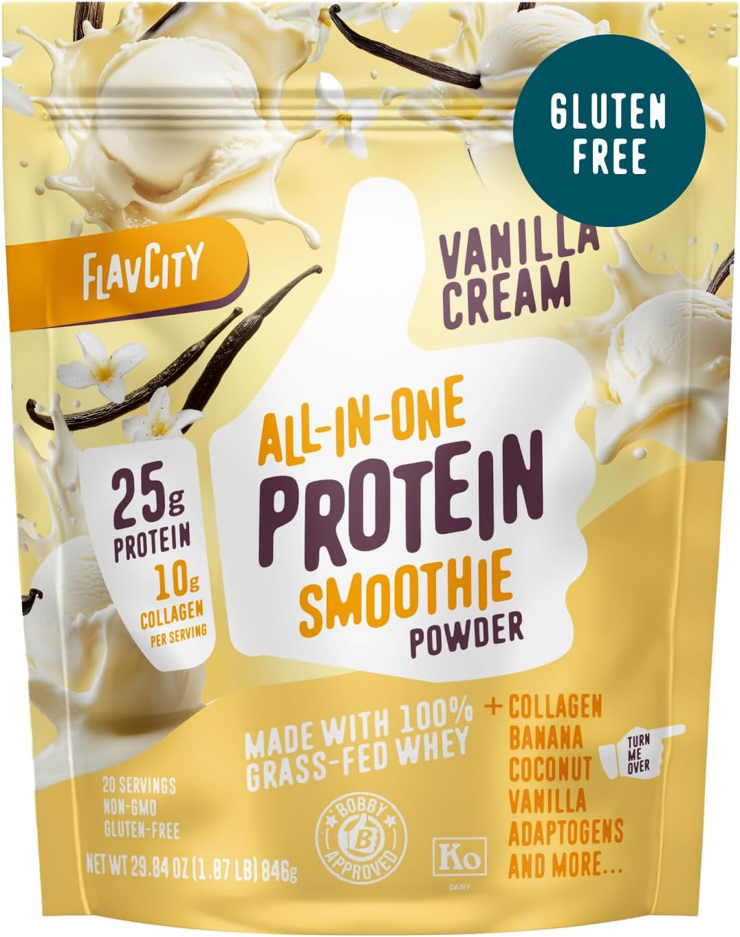 Flavcity Grass Fed Whey Protein Powder - Vanilla Smoothie - 25G Protein & 10G Collagen - Made With Real Vanilla Bean & Organic Coconut Milk - Gluten Free & No Added Sugars (20 Servings)