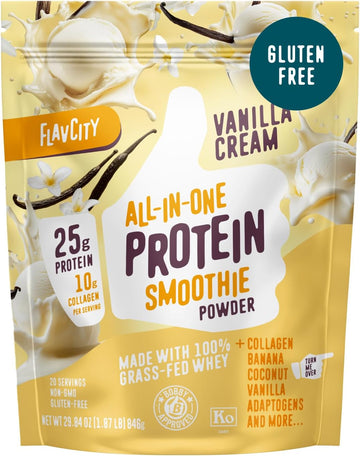 Flavcity Grass Fed Whey Protein Powder - Vanilla Smoothie - 25G Protein & 10G Collagen - Made With Real Vanilla Bean & Organic Coconut Milk - Gluten Free & No Added Sugars (20 Servings)