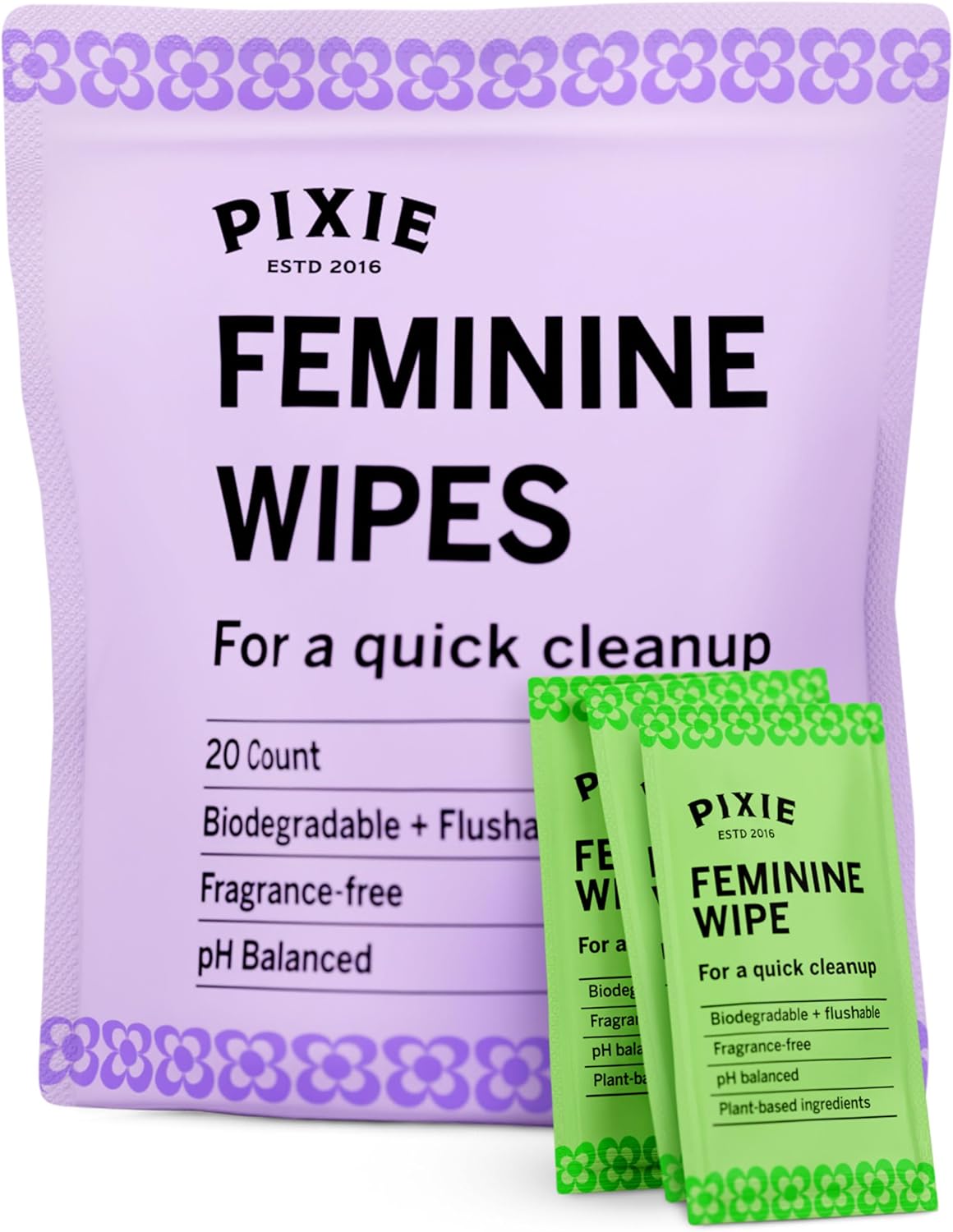 Pixie Feminine Wipes - Flushable, Biodegradable, & Ph Balanced - Best Individually Wrapped Packet Wipes For On The Go & Public Bathrooms - Wash, & Cleaner For Your Menstrual Cups & Discs (20 Count)