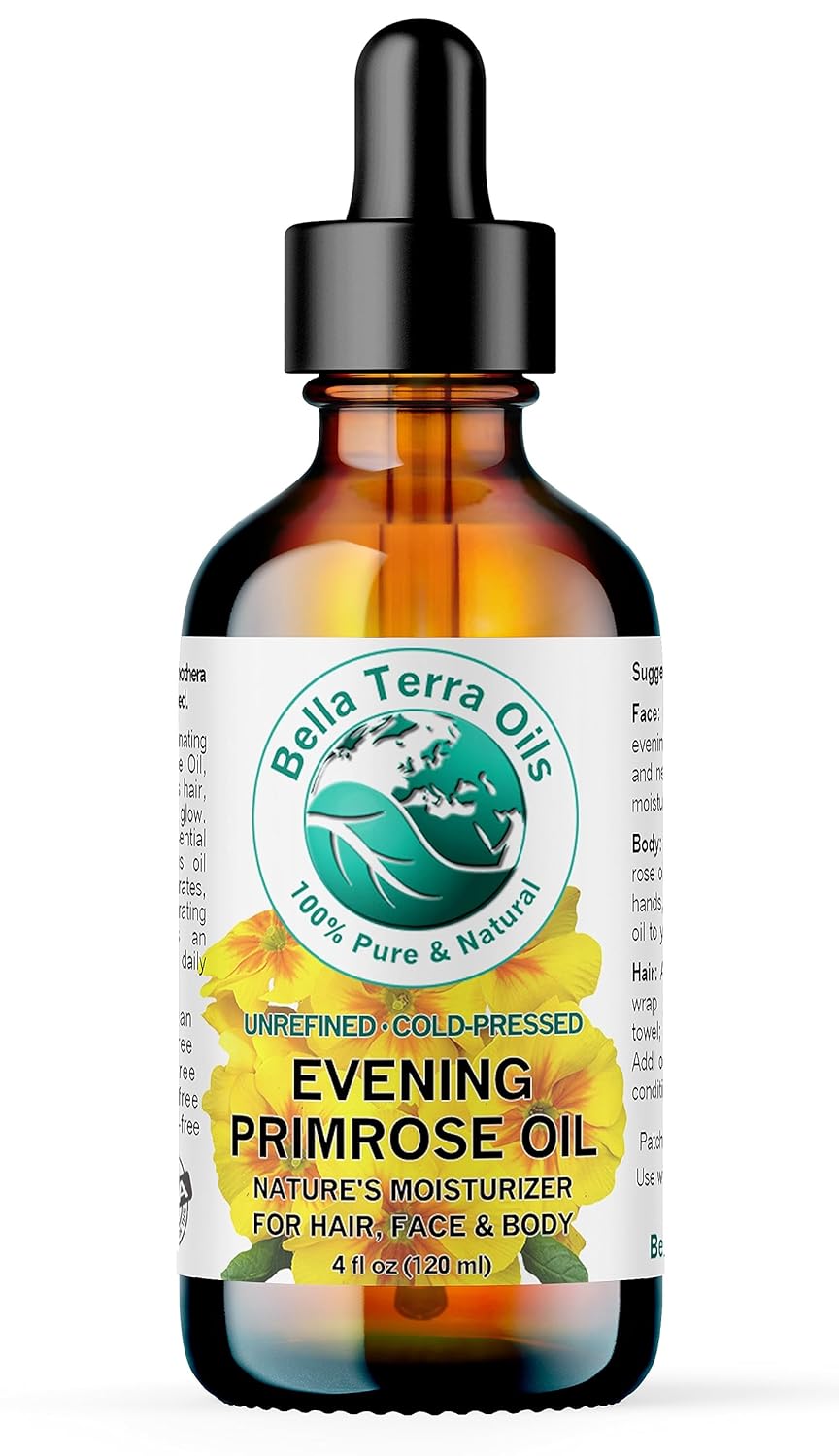 Bella Terra Oils - Organic Evening Primrose Oil 4 oz - Dive into Pure Primrose Essence, Abundant in Fatty Acids, A Luxurious Blend for a Radiant Glow