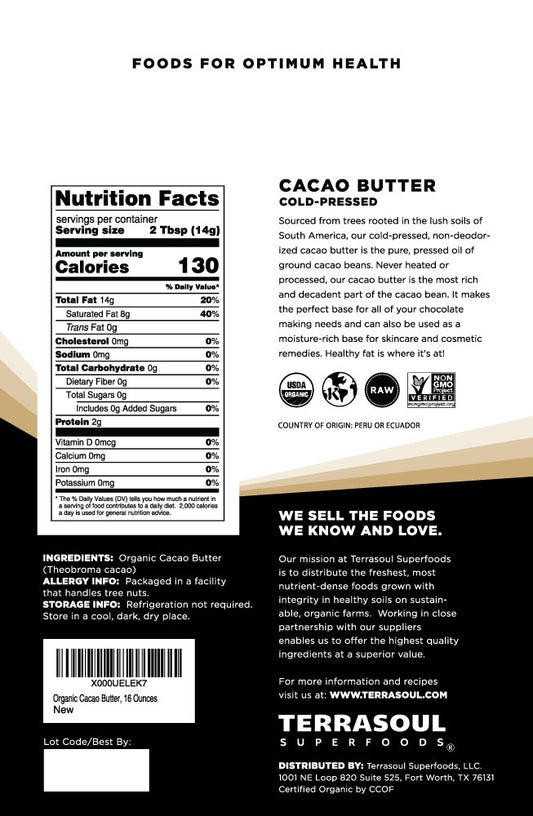 Terrasoul Superfoods Organic Cacao Butter, 1 Lb - Raw | Keto | Vegan | Unrefined