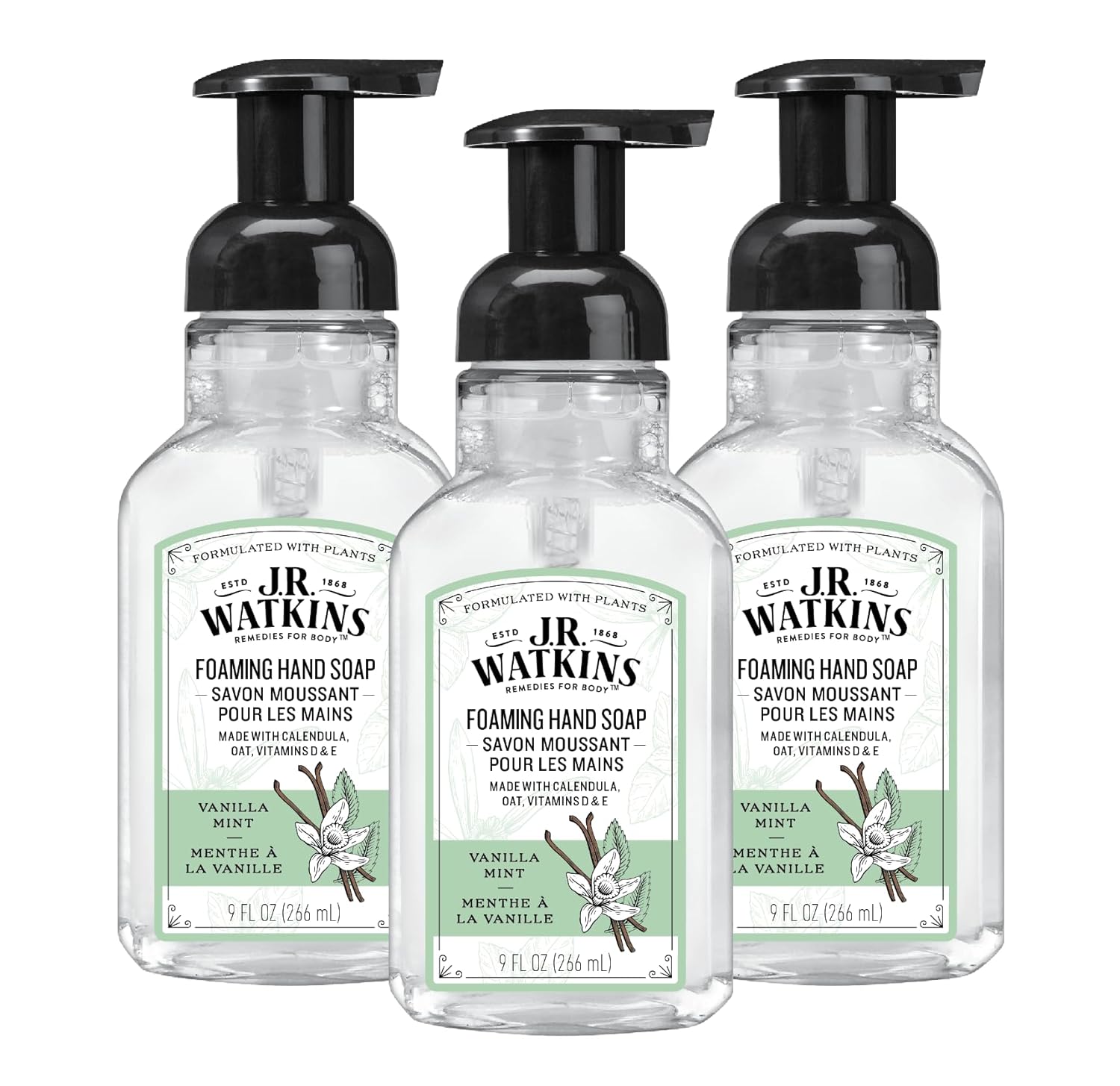 J.R. Watkins Foaming Hand Soap Pump With Dispenser, Moisturizing All Natural Hand Soap Foam, Alcohol-Free, Cruelty-Free, Usa Made, Use As Kitchen Or Bathroom Soap, Vanilla Mint, 9 Fl Oz, 3 Pack