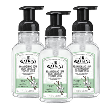 J.R. Watkins Foaming Hand Soap Pump With Dispenser, Moisturizing All Natural Hand Soap Foam, Alcohol-Free, Cruelty-Free, Usa Made, Use As Kitchen Or Bathroom Soap, Vanilla Mint, 9 Fl Oz, 3 Pack