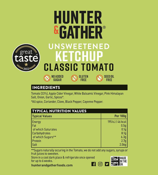 Hunter & Gather Unsweetened Ketchup Sauce | 350G Classic Ketchup Keto, Paleo, Low Carb & Vegan Friendly | Free From Added Sugar & Sweeteners