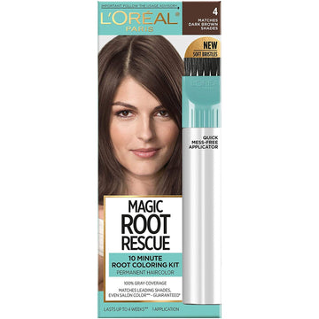 L'Oreal Paris Magic Root Rescue 10 Minute Root Hair Coloring Kit, Permanent Color With Quick Precision Applicator, 100 Percent Gray Coverage, 4 Dark Brown, 1 Kit (Packaging May Vary)