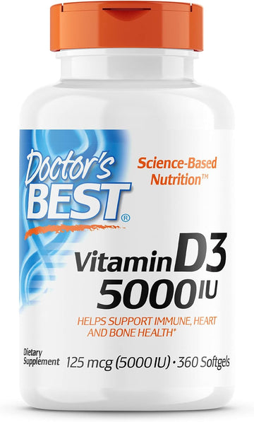 Doctor'S Best Vitamin D3 5,000 Iu For Healthy Bones, Teeth, Heart And Immune Support, Non-Gmo, Gluten-Free, Soy Free, 360 Count (Pack Of 1)
