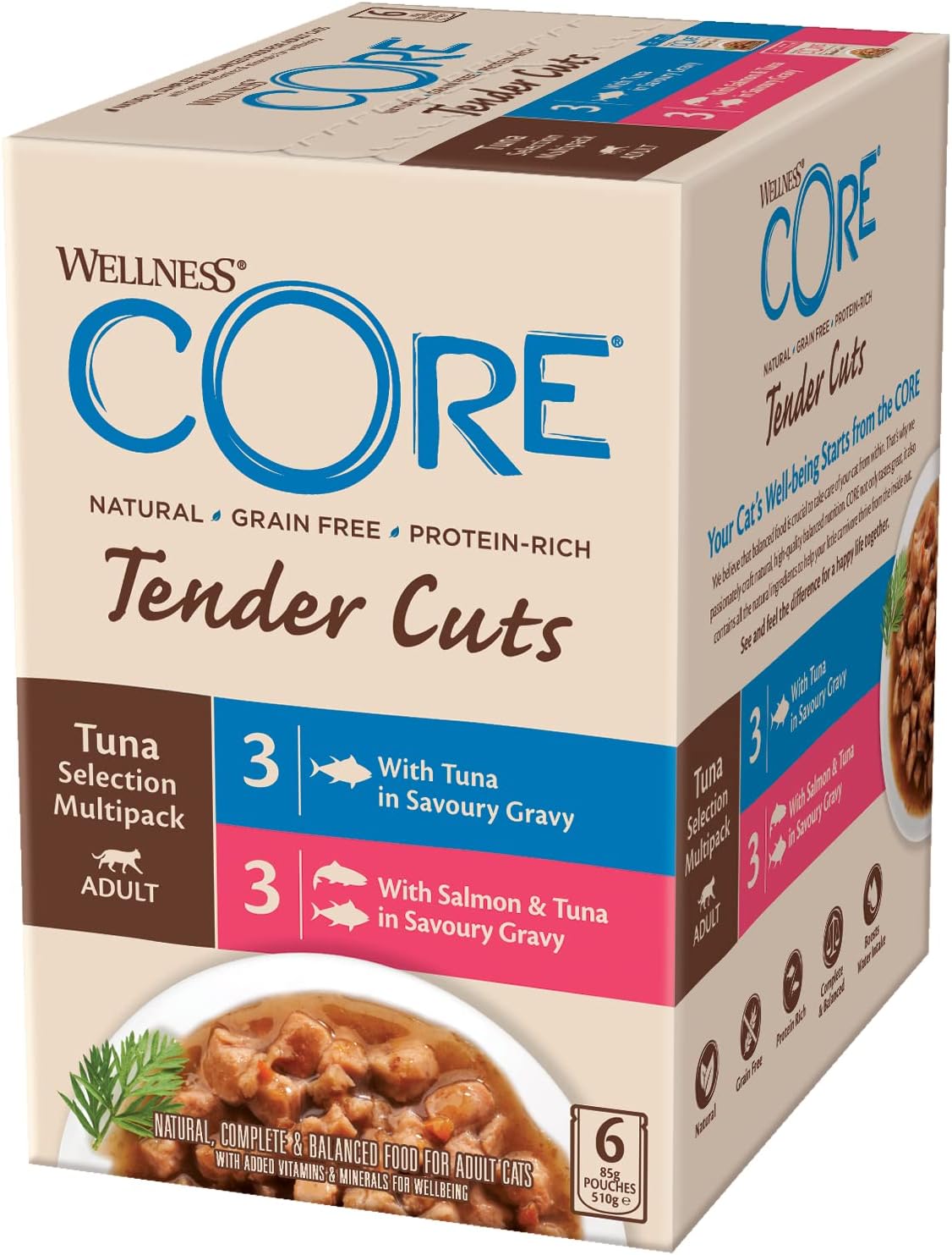 Wellness CORE Tender Cuts, Wet Cat Food, Cat Food Wet with Tender Pieces in Sauce, Grain Free, High Meat Content, Tuna Selection Mix, 6 x 85 g?10668