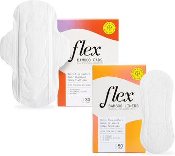 Flex Bamboo Pads (30 Count) And Flex Bamboo Panty Liners (50 Count) Bundle | Fragrance-Free Feminine Care Made With 100% Bamboo | Absorbent & Comfortable | Helps Fight Odor