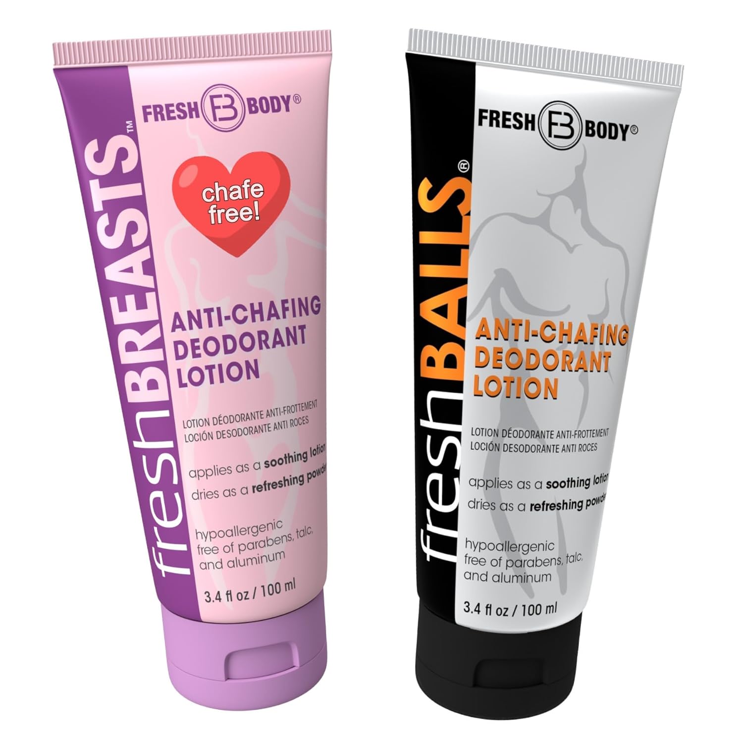 Fresh Breasts + Fresh Balls: Anti-Chafing Cream, Deodorant Lotion To Powder For Men & Women, Anti-Friction For Thighs, Legs, Groin, Breasts, Belly, Butt - Talc Free, Aluminum Free - 3.4 Fl Oz