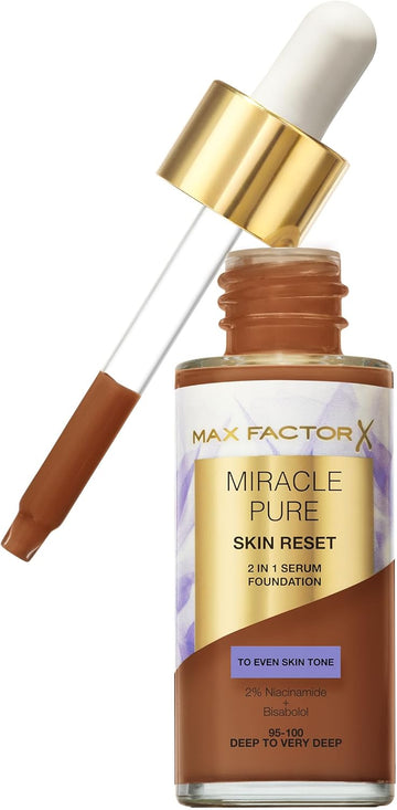 Max Factor Miracle Pure Skin Reset Serum Foundation 95-100 Deep To Very Deep, 2-In-1 Serum Formula, Healthy Looking Skin, Medium Coverage, Satin Matte Finish, 2% Niacinamide, Dermatologically Tested