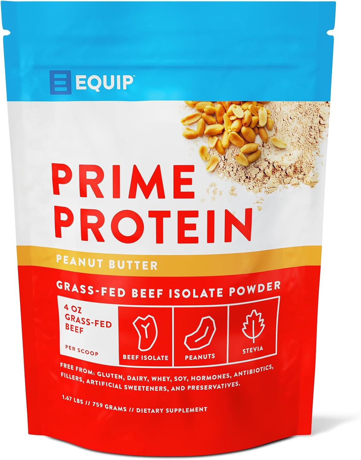 Equip Foods Prime Protein - Grass Fed Beef Protein Powder Isolate - Paleo And Keto Friendly, Gluten Free Carnivore Protein Powder - Peanut Butter, 1.67 Pounds - Helps Build And Repair Tissue