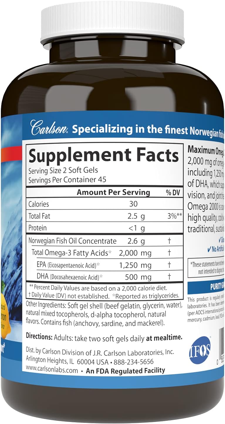 Carlson - Maximum Omega 2000, 2000 mg Omega-3s, Healthy Heart, Brain Function & Vision Support, Lemon, 90 soft gels