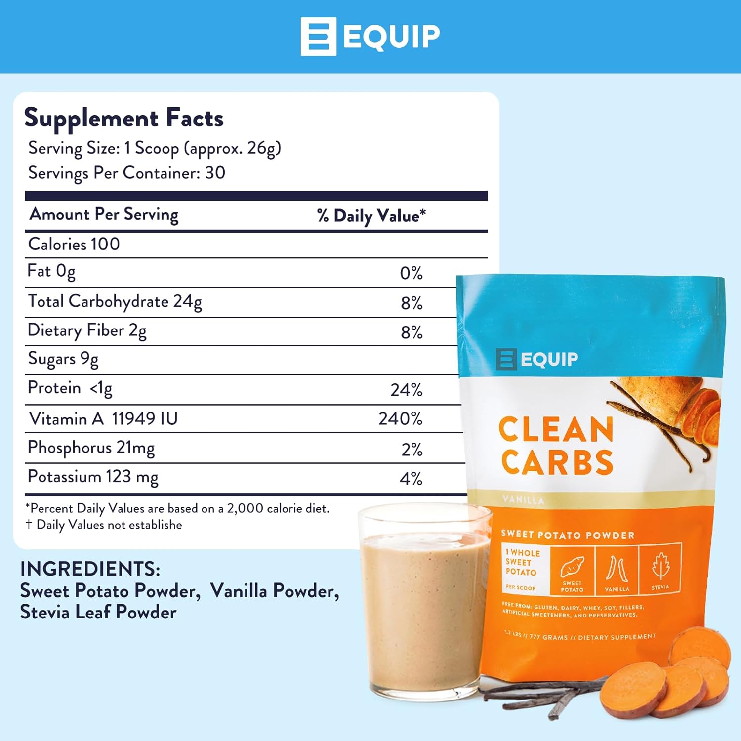 Equip Foods Clean Carbs - Sweet Potato Powder - Plant Based Pre Workout Carb Powder, Made from Dried Sweet Potatoes - 1.7 Pounds, Vanilla : Health & Household