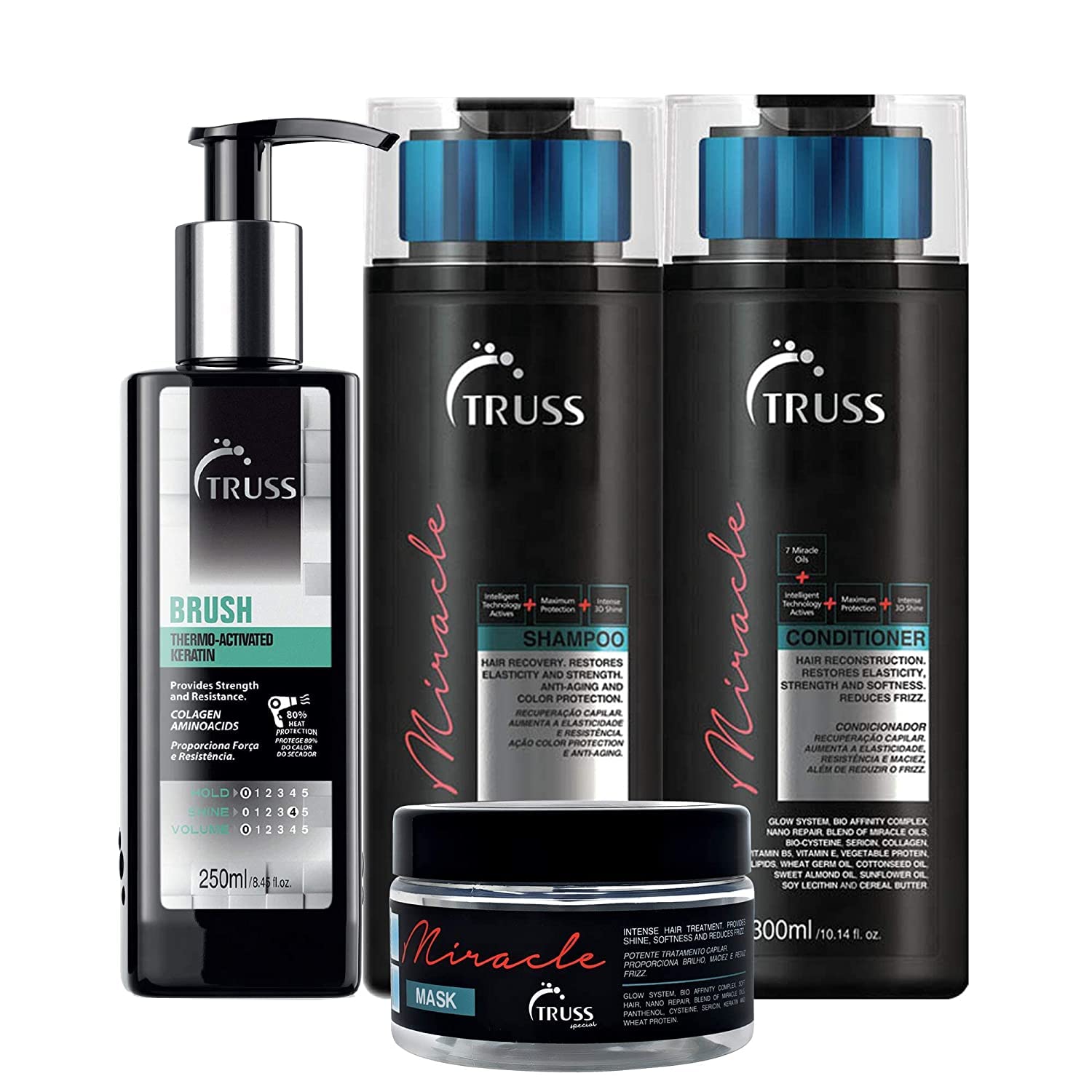 Truss Brush Keratin Leave-In Treatment Bundle With Miracle Shampoo And Conditioner Set And Hair Mask