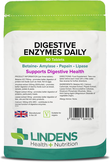 Lindens Digestive Enzymes Daily Tablets - 90 Pack - Contains Betaine Hcl, Papain, Amylase & Lipase to Promote Better Digestion - UK Manufacturer, Letterbox Friendly