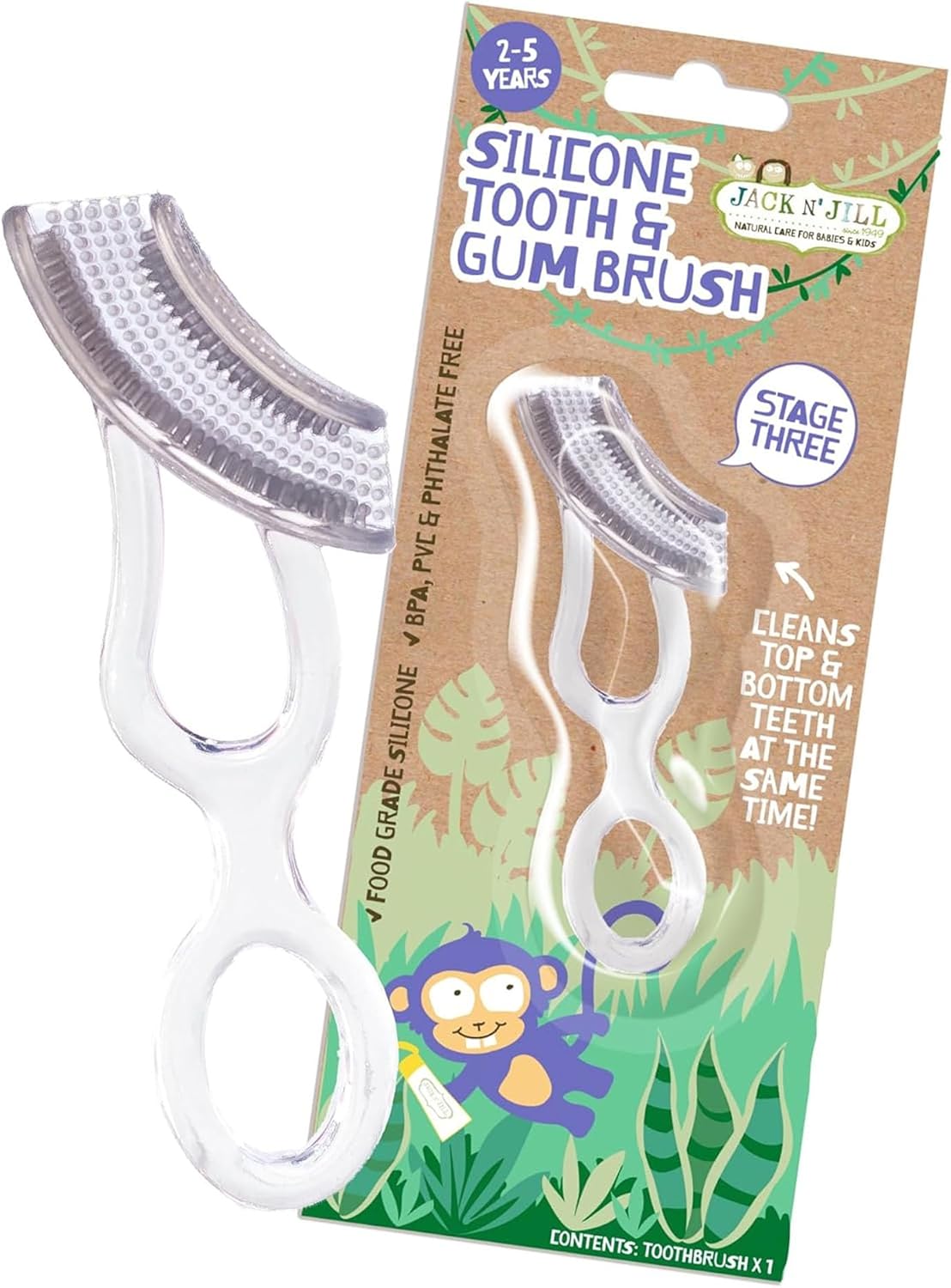 Jack N' Jill Silicone Tooth & Gum Brush - Toddler Toothbrush 2-5 Years Old, Double Sided Soft Silicone Bristles, For Sensitive Gums, Food-Grade Silicone, Pack Of 1