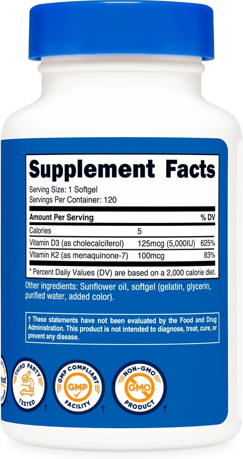 Nutricost Vitamin K2 (MK7) (100mcg) + Vitamin D3 (5000 IU) 120 Softgels - Gluten Free and Non-GMO : Health & Household