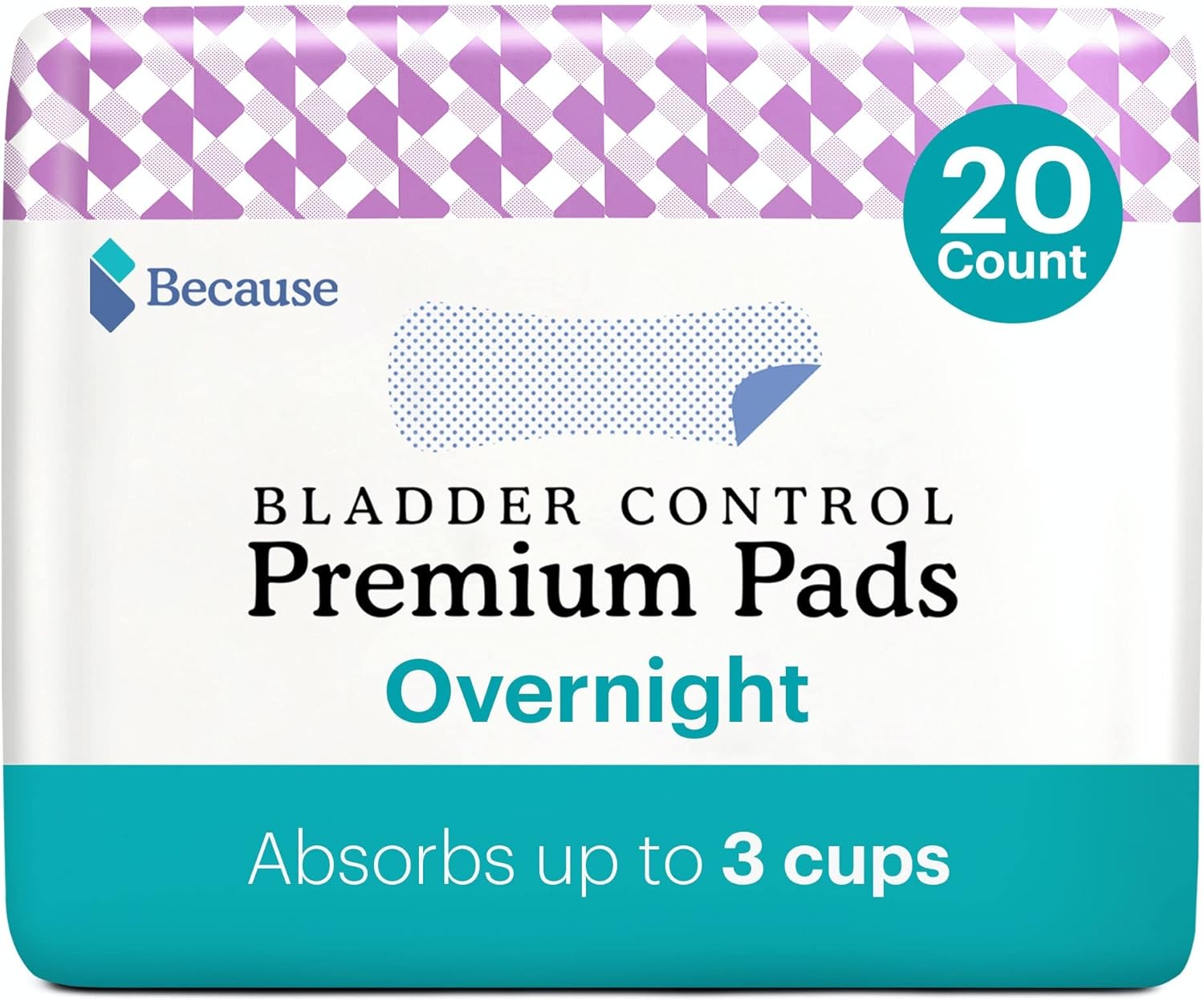 Because Incontinence Pads For Women - Extra Heavy Absorbency, Overnight Postpartum Incontinence Pads, Overnight Leak-Free Protection, 20 Pads