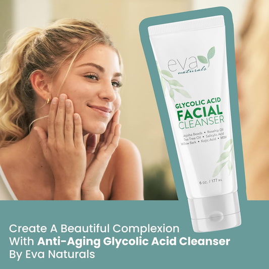 Eva Naturals Glycolic Acid Face Wash - Glycolic Acid Cleanser for Face - Glycolic Acid Wash - Glycolic Face Wash - Glycolic Cleanser for Face for Wrinkles & Fine Lines, Blackheads & Acne (6 Fl Oz)