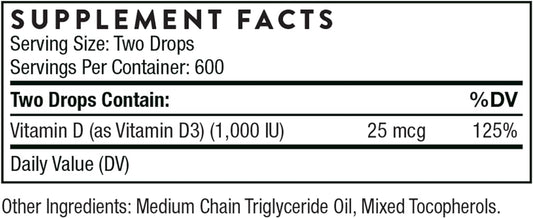 Thorne Vitamin D Liq - Vitamin D Supplement - Supports Healthy Bones and Muscles, Cardiovascular Health, and Immune Function* - Gluten-Free, Soy-Free, Dairy-Free - 1   (30 ml)- 600 Servings