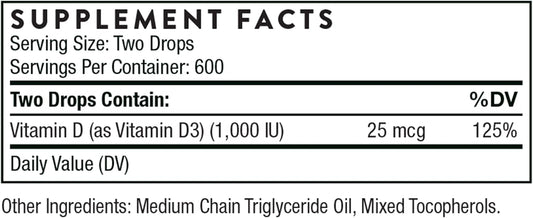 Thorne Vitamin D Liquid - Vitamin D Supplement - Supports Healthy Bones And Muscles, Cardiovascular Health, And Immune Function* - 1 Fl Oz (30 Ml)- 600 Servings