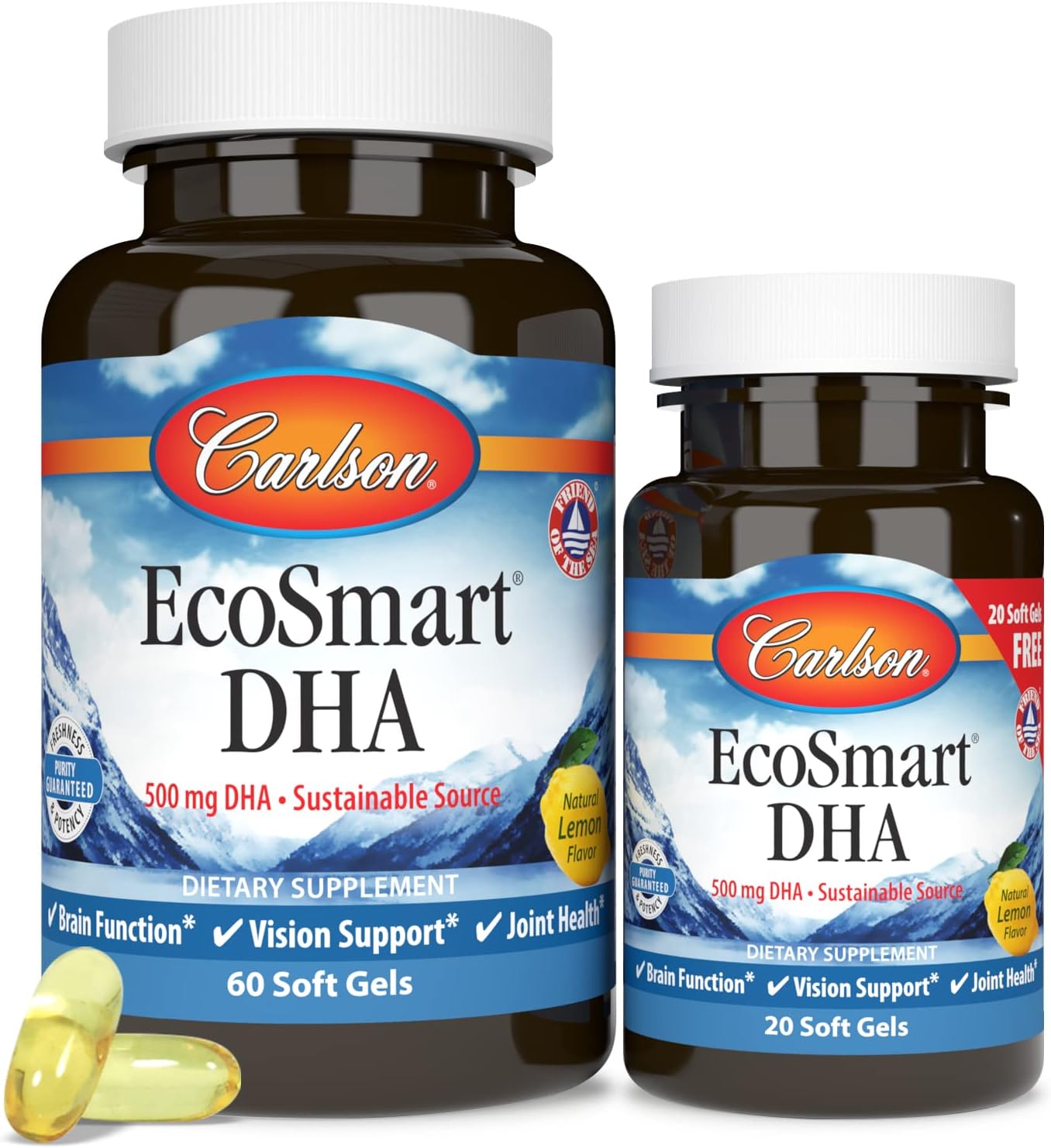 Carlson - EcoSmart DHA, 500 mg DHA, Sustainable Source, Healthy Vision & Brain Function, Lemon, 60+20 Softgels : Health & Household