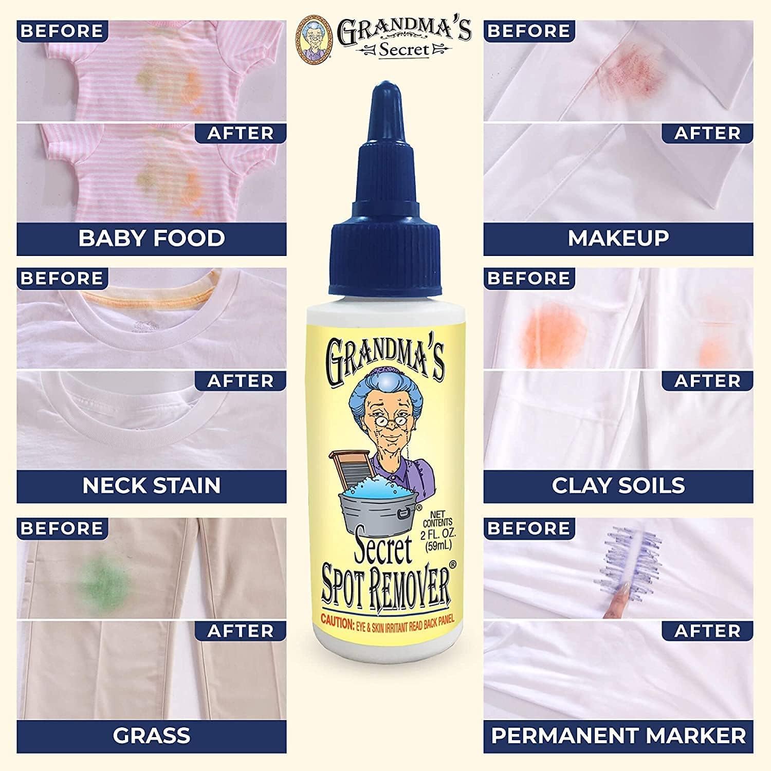 Grandma's Secret Spot Remover - Chlorine, Bleach and Toxin-Free Stain Remover - Stain Remover for Clothes - Fabric Stain Remover Removes Oil, Paint, Blood and Pet Stains – 2 Ounce : Grandma's Secret: Health & Household