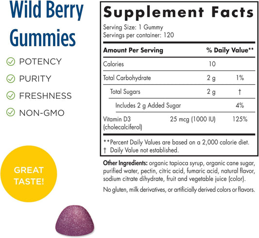 Nordic Naturals Vitamin D3 Gummies Sport, Wild Berry - 120 Gummies - 1000 IU Vitamin D3 - NSF Certified - Healthy Bones, Mood & Immune System Function - Non-GMO - 120 Servings