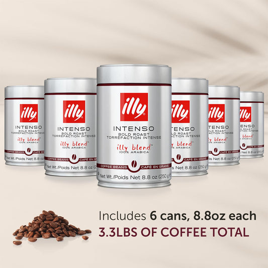 Illy Caffe Whole Bean Coffee - Perfectly Roasted Whole Coffee Beans – Intenso Dark Roast - Warm Notes Of Cocoa & Dried Fruit – Full-Bodied - 100% Arabica Coffee - No Preservatives – 8.8 Ounce, 6 Pack