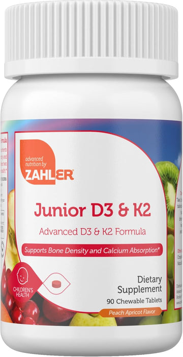 Zahler - Junior Vitamin D3 + K2 Chewable Tablets For Kids| Vitamin D For Kids 2000 Iu | Delicious Vitamin D K2 Chews To Support Healthy Bones & Teeth - Kosher, Less Sugar Than Gummies (90 Count)