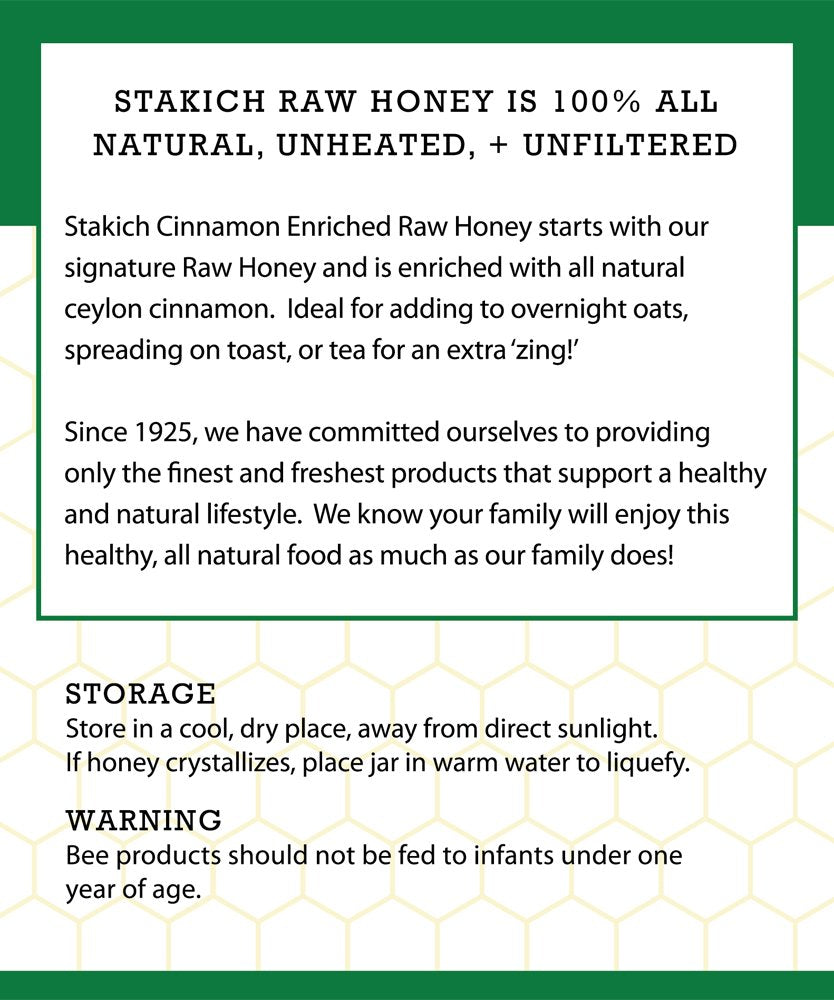 Stakich Cinnamon Enriched Raw Honey - Unprocessed, Unheated - 5 Pound (80 Ounce) : Grocery & Gourmet Food