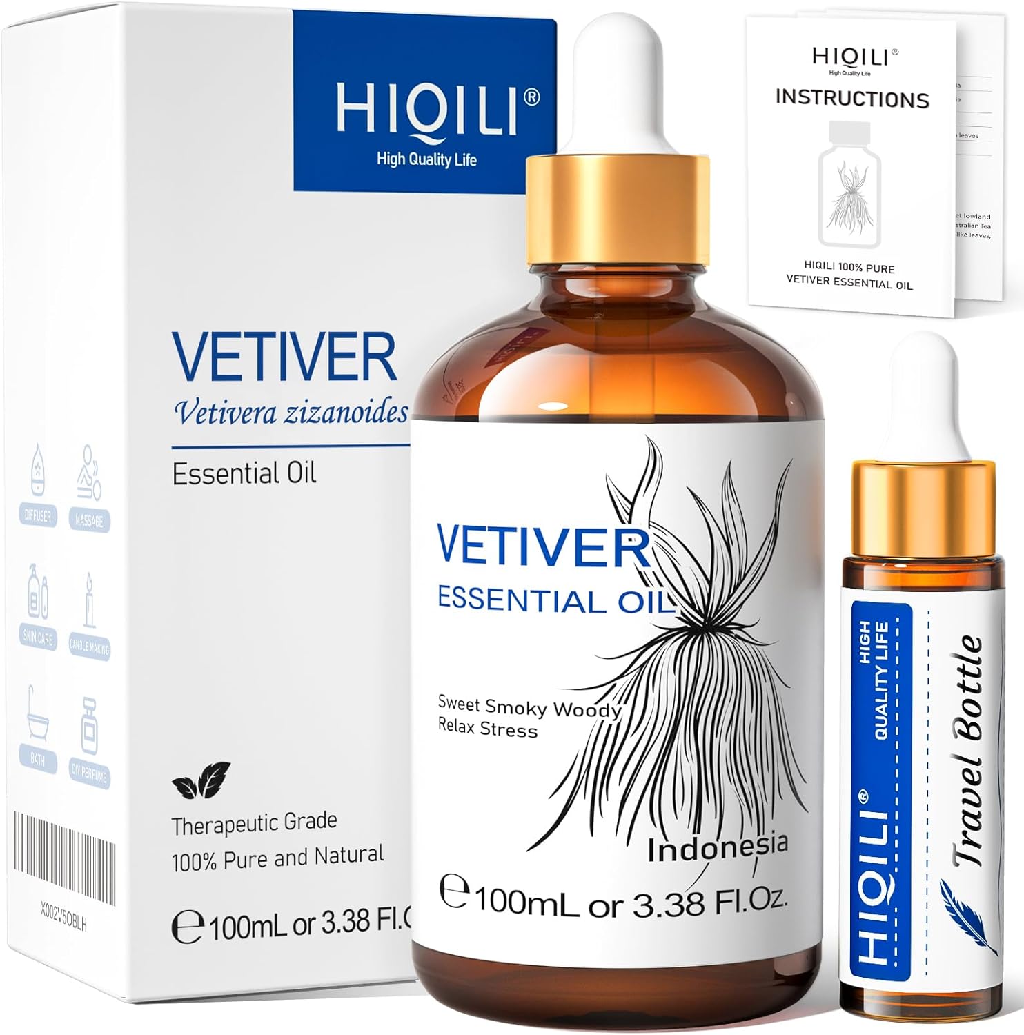 HIQILI Vetiver Essential Oil, 100% Pure Natural for Diffuser- 3.38 Fl Oz