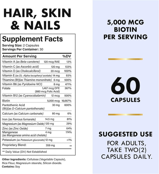 Hair Shield | Hair Skin And Nails Vitamins For Hair Growth And Stronger Nails, Biotin Vitamins With Calcium & Zinc For Women And Men, 120 Capsules