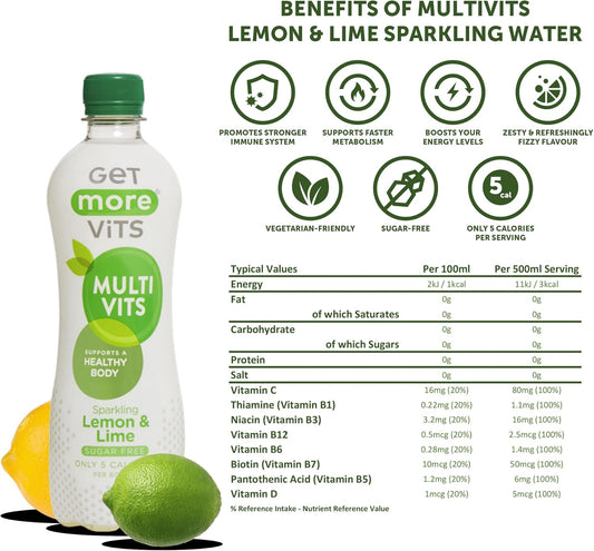 Get More Vits Sugar Free Flavoured Spring Water With Vitamins, Still & Sparkling, Mixed 4 Flavour, 500 Ml, Pack Of 12