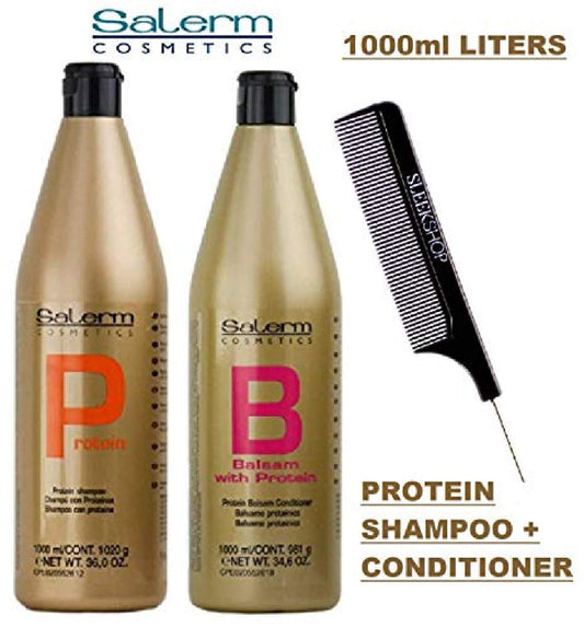 Salerm Cosmetics Protein Shampoo & Protein Balsam Conditioner Duo Set (Wtih Sleek Steel Pin Tail Comb) Keratin Silk Protein (36 Oz + 34.6 Oz - Xxl Combo Kit) : Beauty & Personal Care