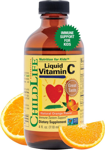 CHILDLIFE ESSENTIALS Liquid Vitamin C - Immune Support, Vitamin C Liquid, All-Natural, Gluten-Free, Allergen Free, Non-GMO, High in Antioxidants - Orange Flavor, 4 Ounce Bottle