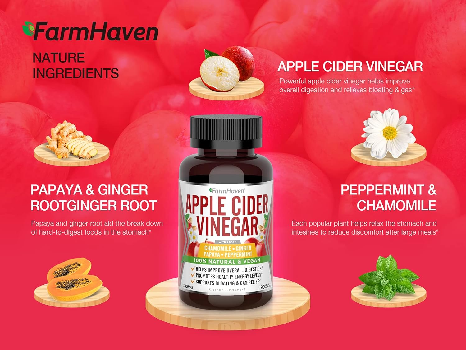 FarmHaven Apple Cider Vinegar Capsules with Mother, ACV Capsules with Mother 1390MG, Apple Cider Vinegar Pills with Ginger, Apple Vinegar Pills for Digestion Healthy, Vinegar Tablets with Mother : Health & Household